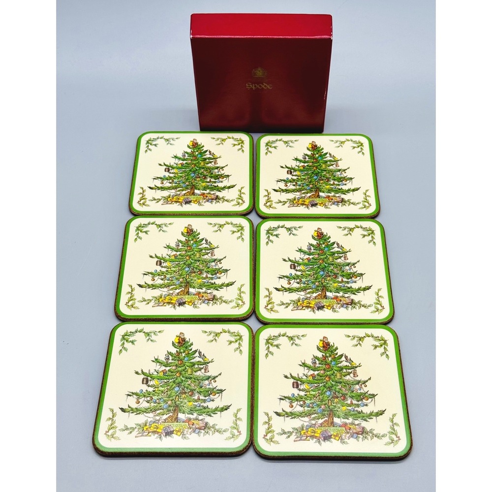 Spode Christmas Tree Coaster Cork Backed Set of 6 Green Trim Box England Vintage